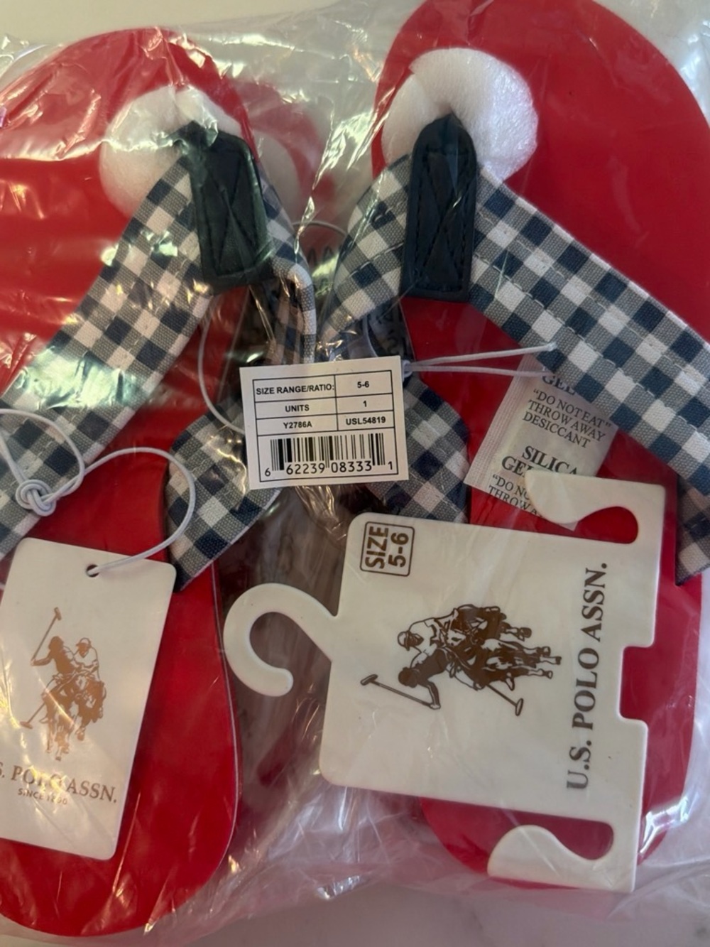 U.S. Polo Assn. Red women’s Flip Flops with Black-and-White Gingham Straps